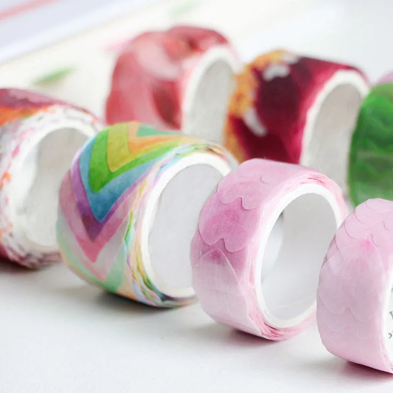 Clover pattern decorative paper tape roll showing blue, cherry blossom, mixed colour and violet options