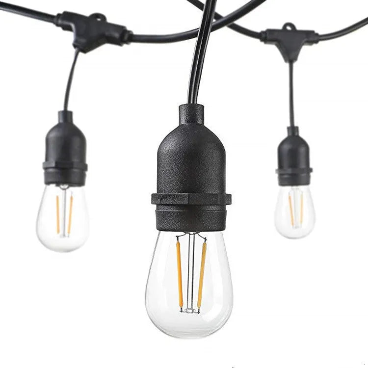 Black 15-metre LED light string with 15 bulbs for indoor and outdoor decoration.