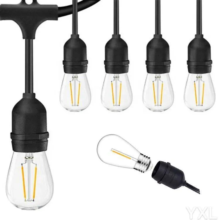 Black 15-metre LED light string with 15 bulbs for indoor and outdoor decoration.