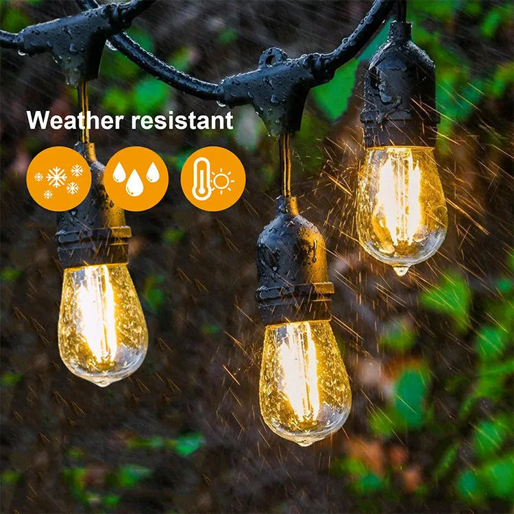 Black 15-metre LED light string with 15 bulbs for indoor and outdoor decoration.
