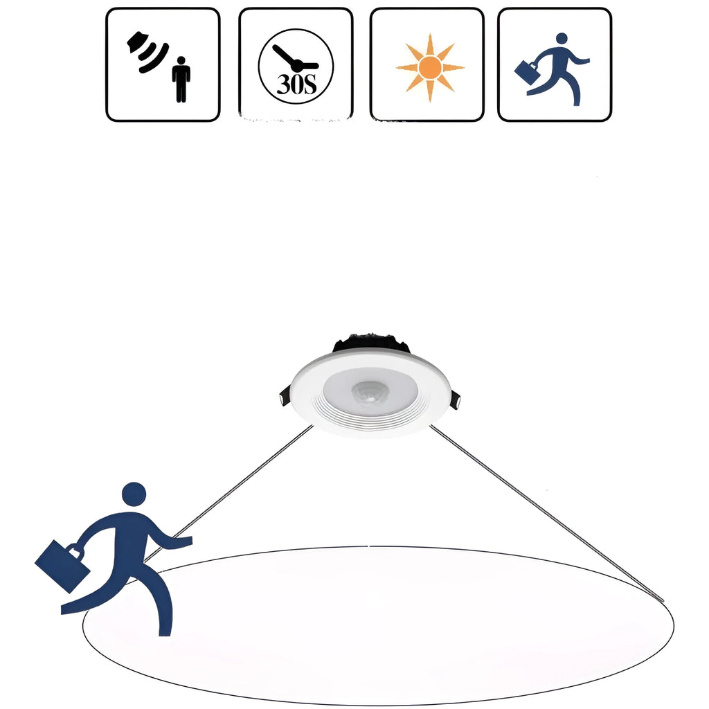 Aluminium infrared body sensing LED downlight with white light, shown in a ceiling recess.