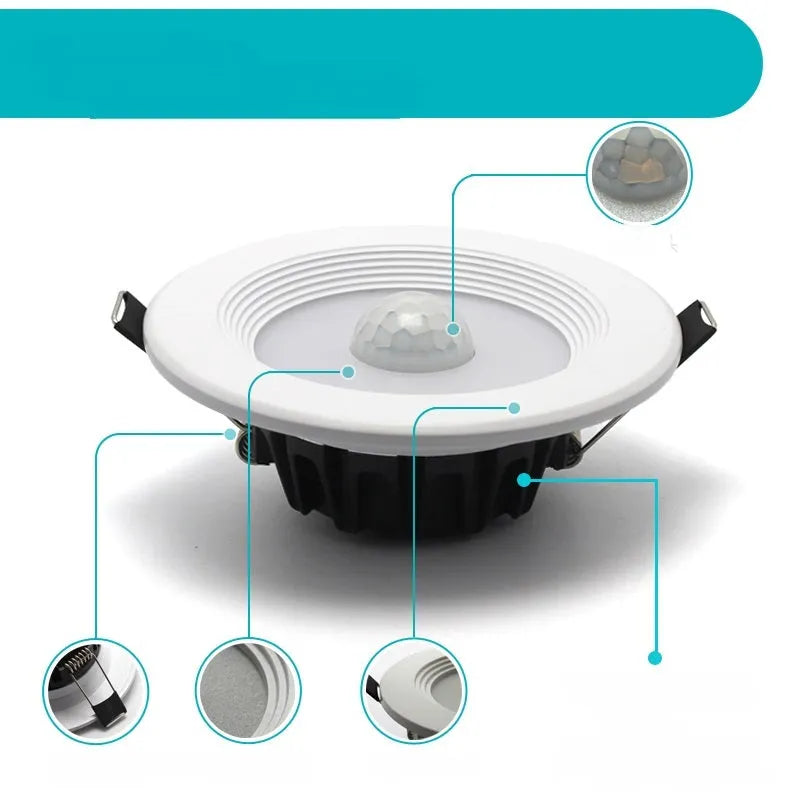 Aluminium infrared body sensing LED downlight with white light, shown in a ceiling recess.