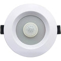 Aluminium infrared body sensing LED downlight with white light, shown in a ceiling recess.