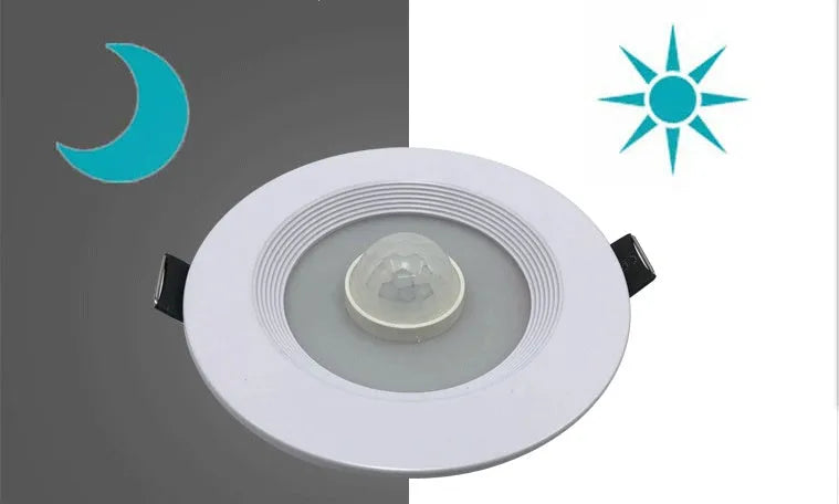 Aluminium infrared body sensing LED downlight with white light, shown in a ceiling recess.