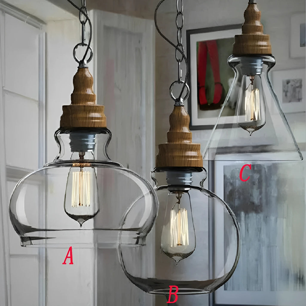 Nordic style single head pendant light with wood grain glass shade on adjustable cable.