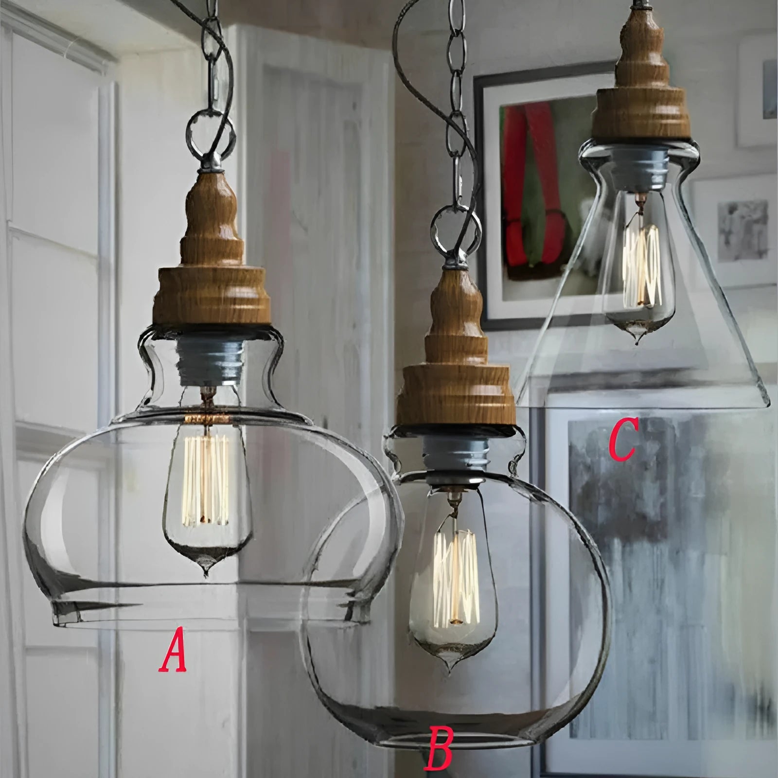 Nordic style single head pendant light with wood grain glass shade on adjustable cable.