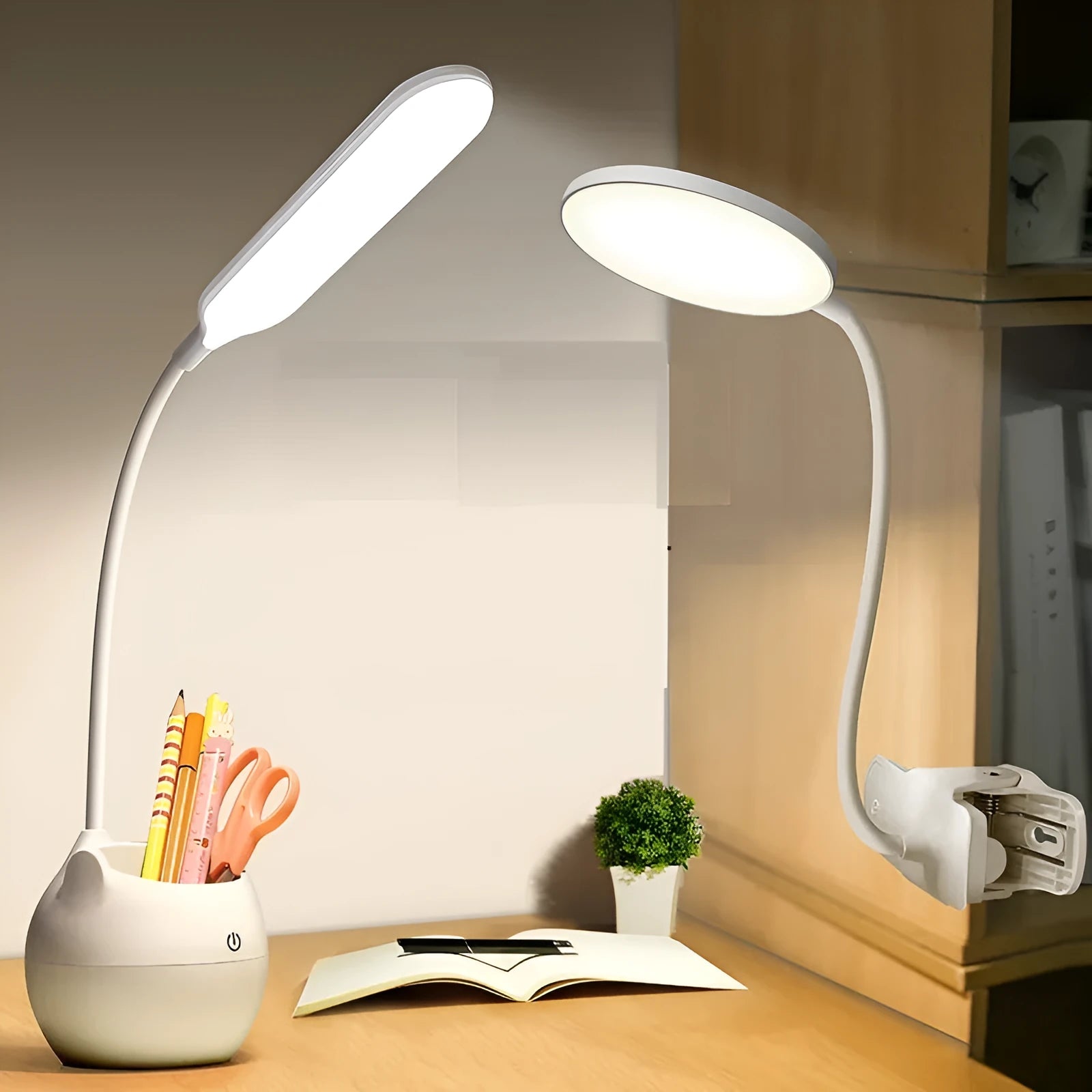 LED rechargeable clip desk lamp with pen holder, simple style, black or white
