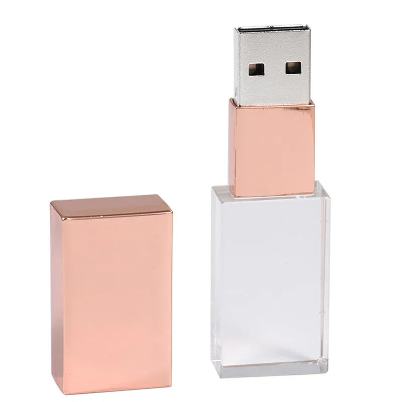 Crystal glass USB flash drive with stainless steel shell, USB 2.0, available in gold, rose gold, and silver finishes