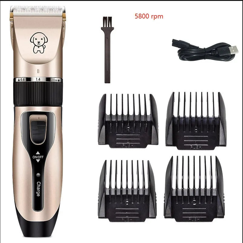 Dog shaver with titanium ceramic blade, 4 guide combs, charging cable, and accessories on white background