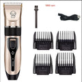 Dog shaver with titanium ceramic blade, 4 guide combs, charging cable, and accessories on white background