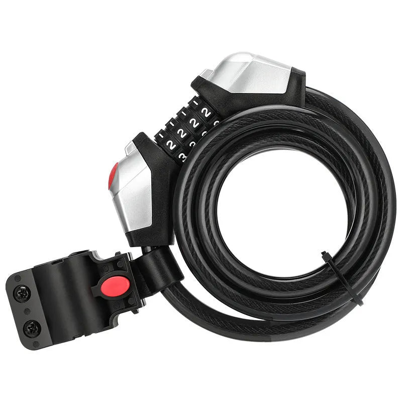 Black bicycle anti-theft 4-digit code lock with zinc alloy core and reflective strips on a bike wheel