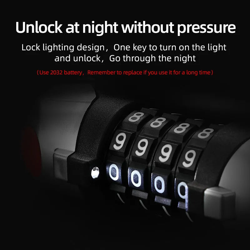 Black bicycle anti-theft 4-digit code lock with zinc alloy core and reflective strips on a bike wheel