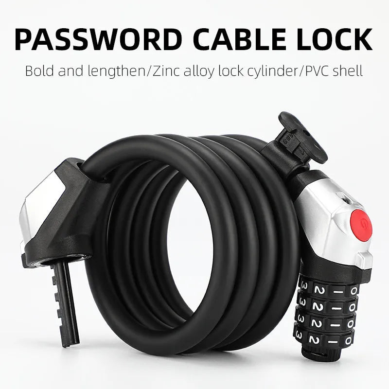 Black bicycle anti-theft 4-digit code lock with zinc alloy core and reflective strips on a bike wheel