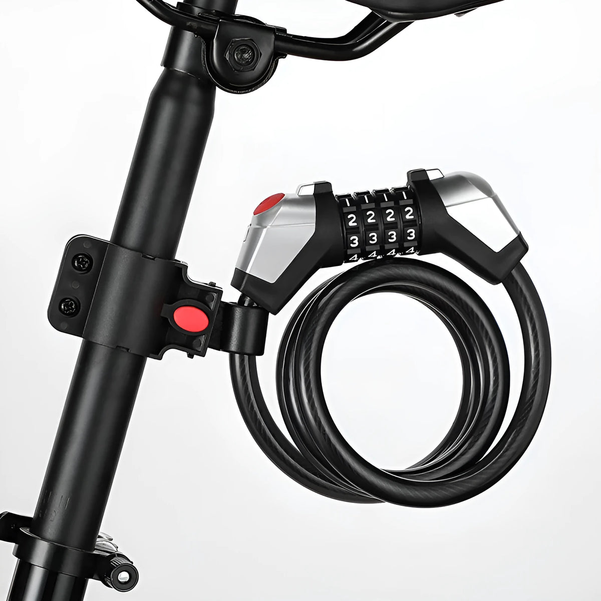 Black bicycle anti-theft 4-digit code lock with zinc alloy core and reflective strips on a bike wheel