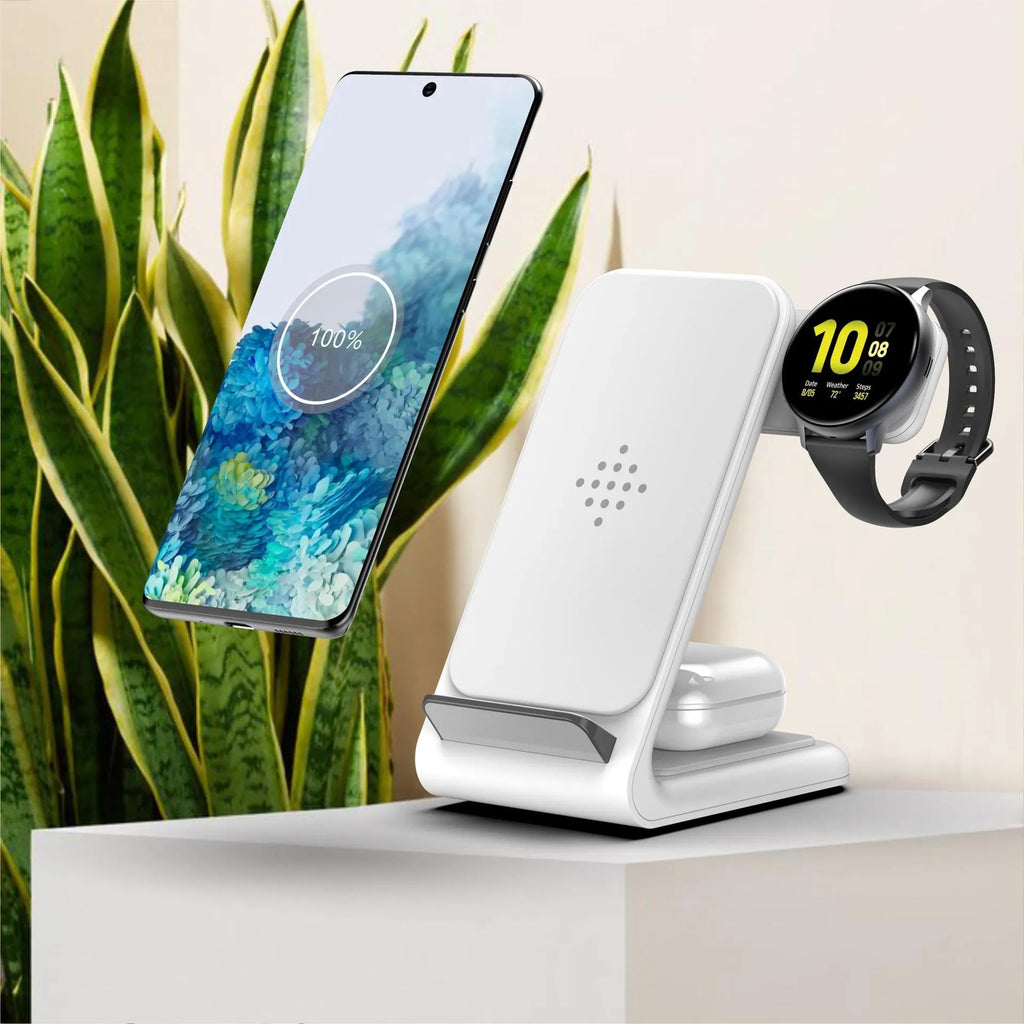 Black three-in-one wireless charging bracket holding an iPhone and a Samsung smartwatch