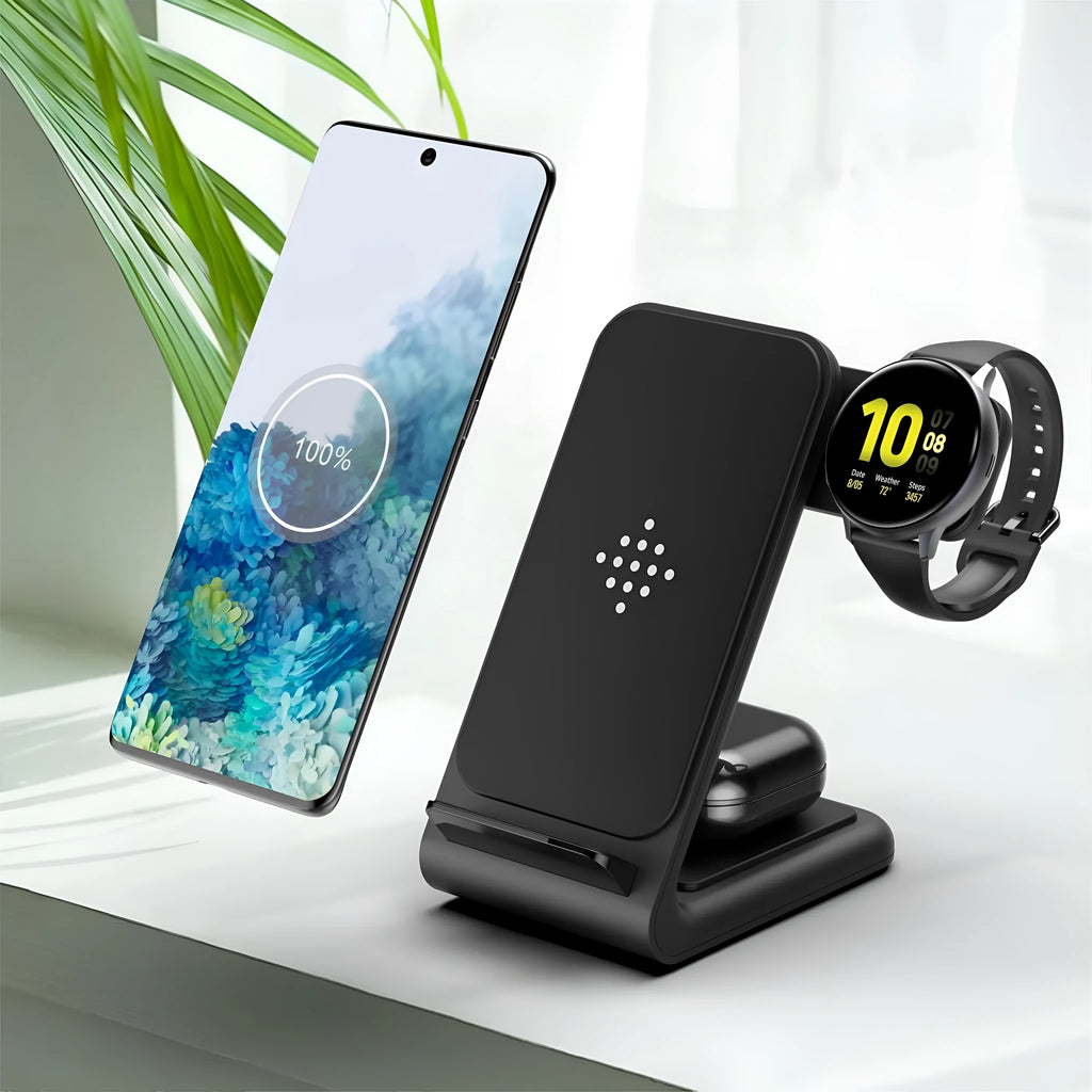 Black three-in-one wireless charging bracket holding an iPhone and a Samsung smartwatch