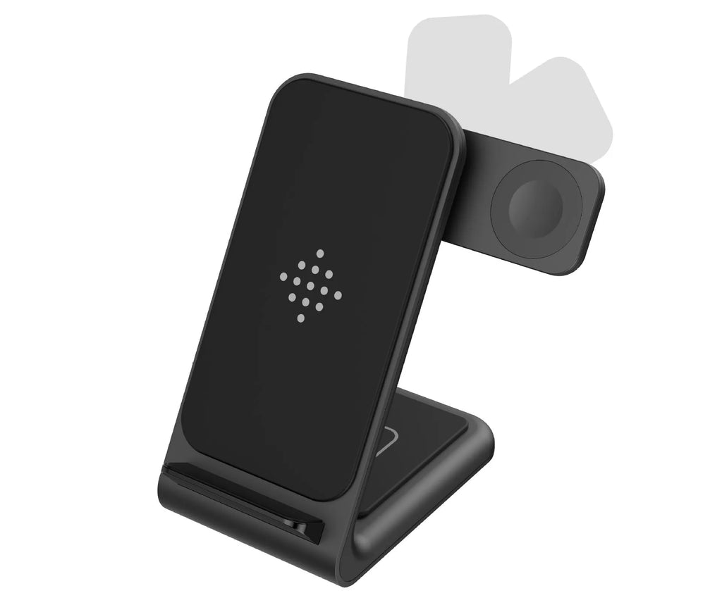 Black three-in-one wireless charging bracket holding an iPhone and a Samsung smartwatch