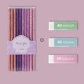 NEVER HB pencil assorted colour pack with 10 pieces in display box, including purple glitter and pale pink pencils