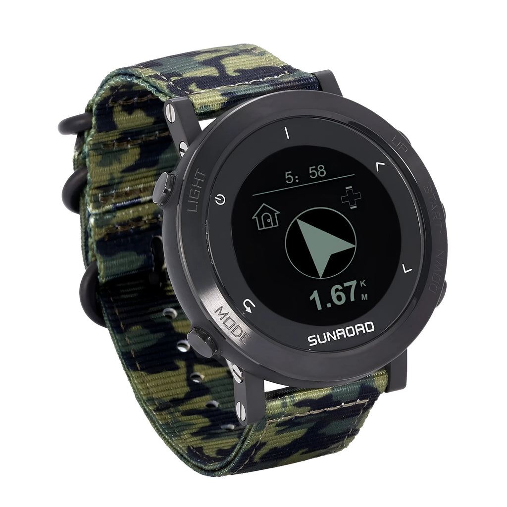 Black smart sports watch with digital display showing GPS tracking and heart rate data on a nylon strap.