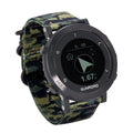 Black smart sports watch with digital display showing GPS tracking and heart rate data on a nylon strap.