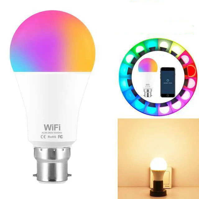 15W WiFi smart LED light bulb with E27 and B22 base options for RGB and white light
