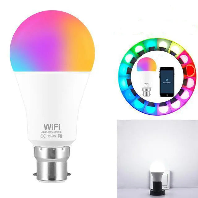 15W WiFi smart LED light bulb with E27 and B22 base options for RGB and white light