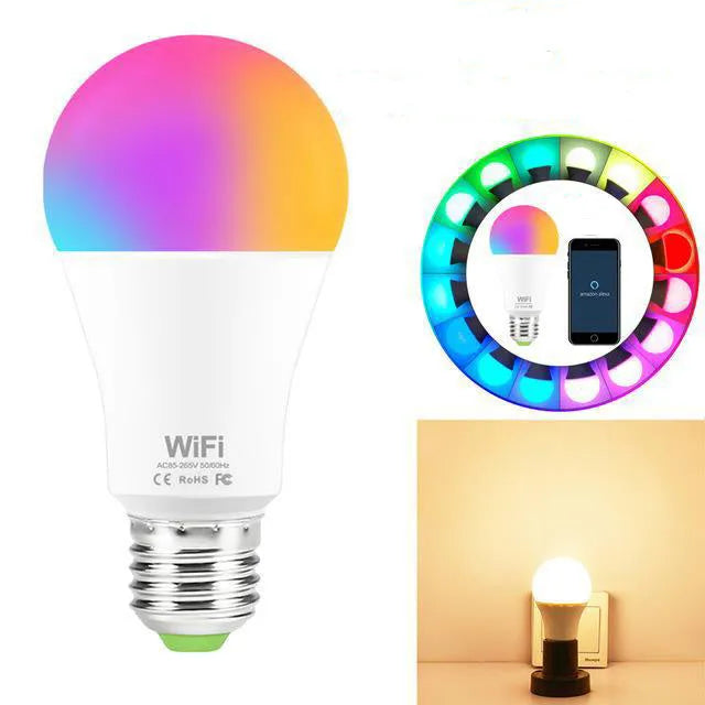 15W WiFi smart LED light bulb with E27 and B22 base options for RGB and white light