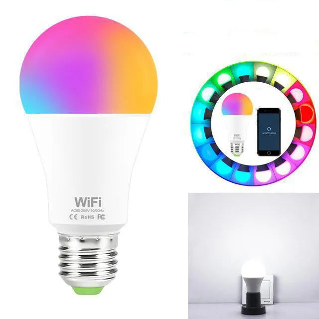 15W WiFi smart LED light bulb with E27 and B22 base options for RGB and white light