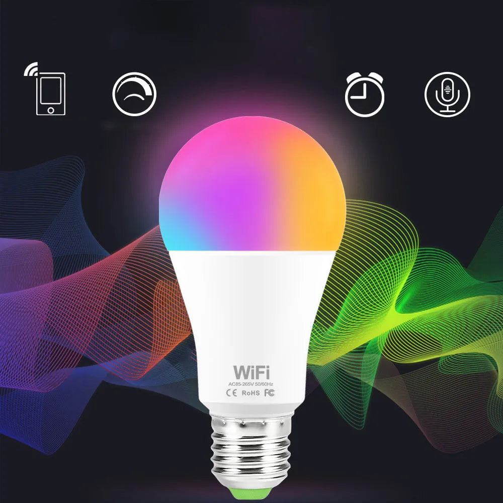 15W WiFi smart LED light bulb with E27 and B22 base options for RGB and white light