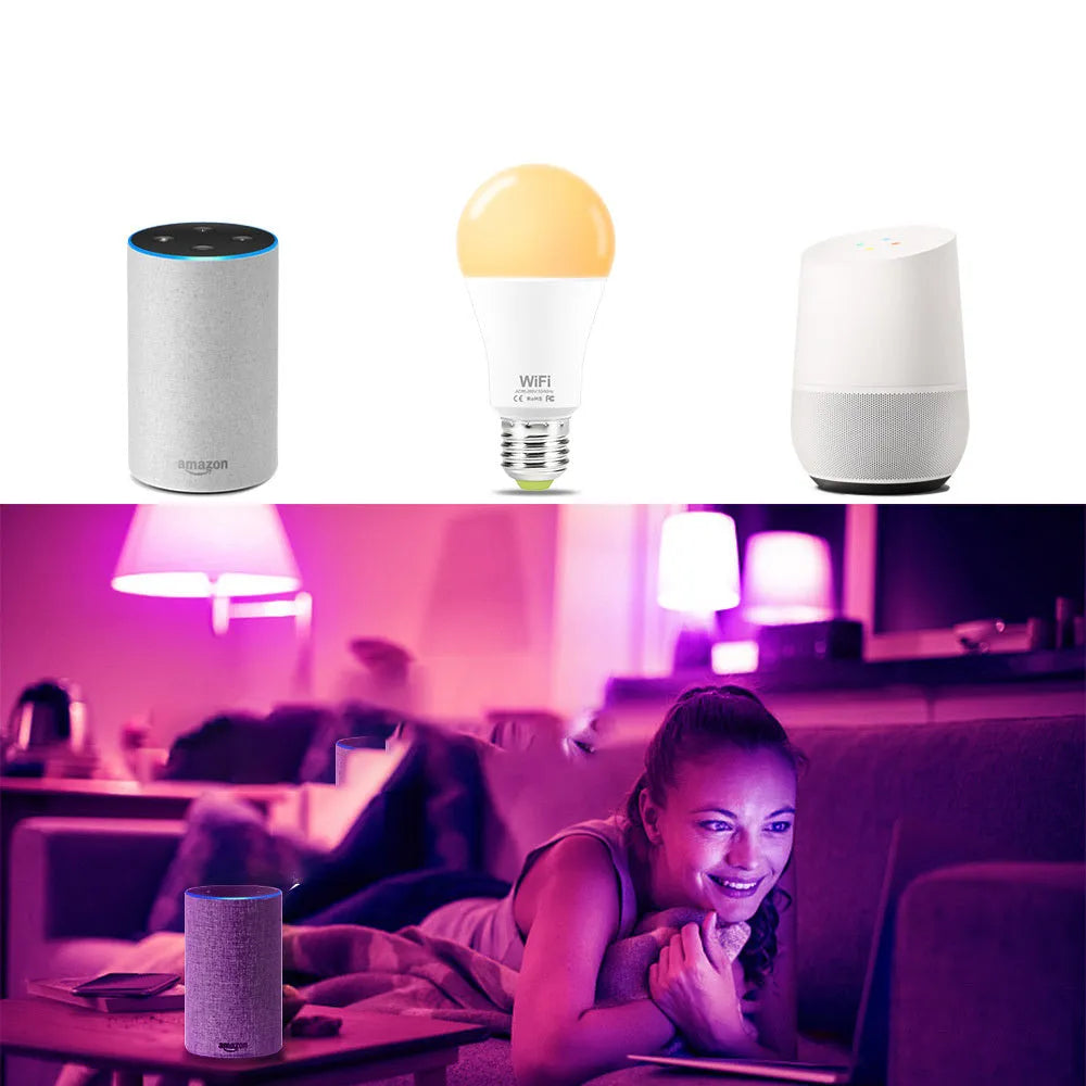 15W WiFi smart LED light bulb with E27 and B22 base options for RGB and white light