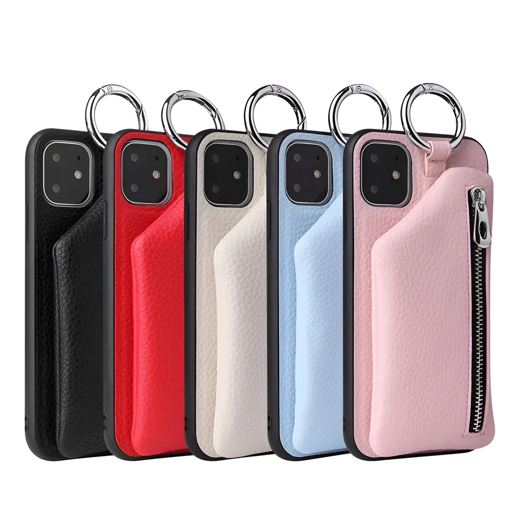 Pink PU leather wallet phone case with card slots, coin zip, and a detachable crossbody lanyard attached.