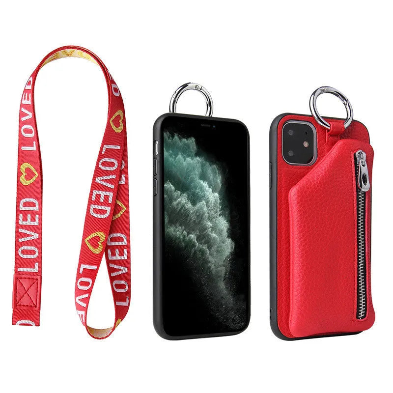 Pink PU leather wallet phone case with card slots, coin zip, and a detachable crossbody lanyard attached.