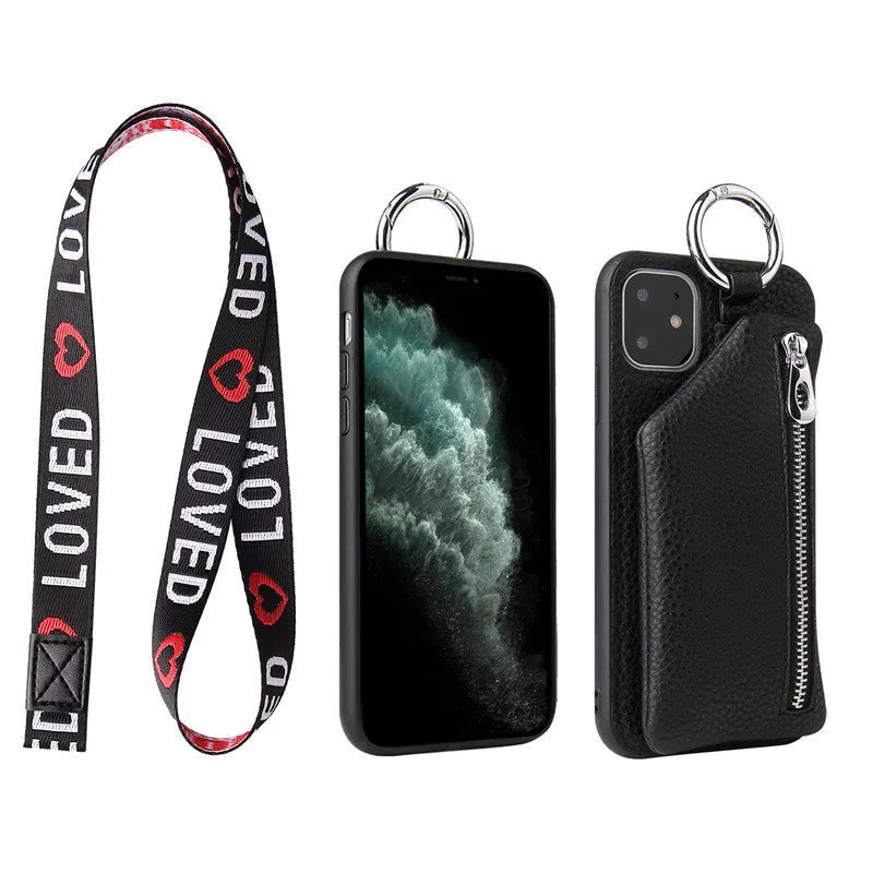 Pink PU leather wallet phone case with card slots, coin zip, and a detachable crossbody lanyard attached.