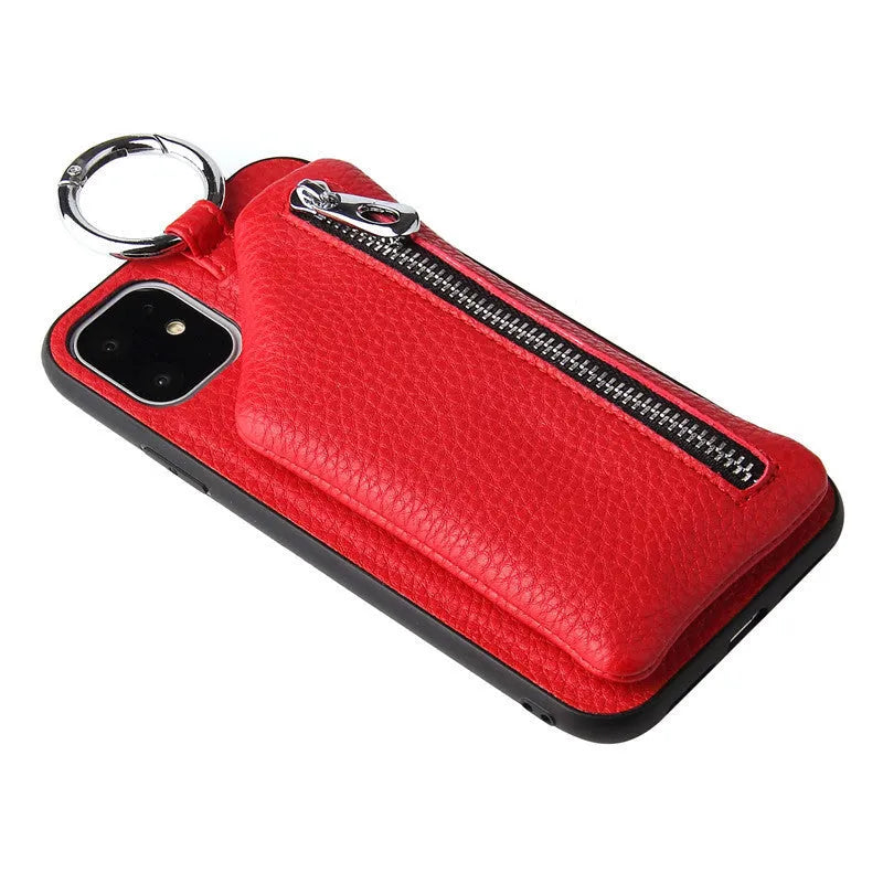 Pink PU leather wallet phone case with card slots, coin zip, and a detachable crossbody lanyard attached.