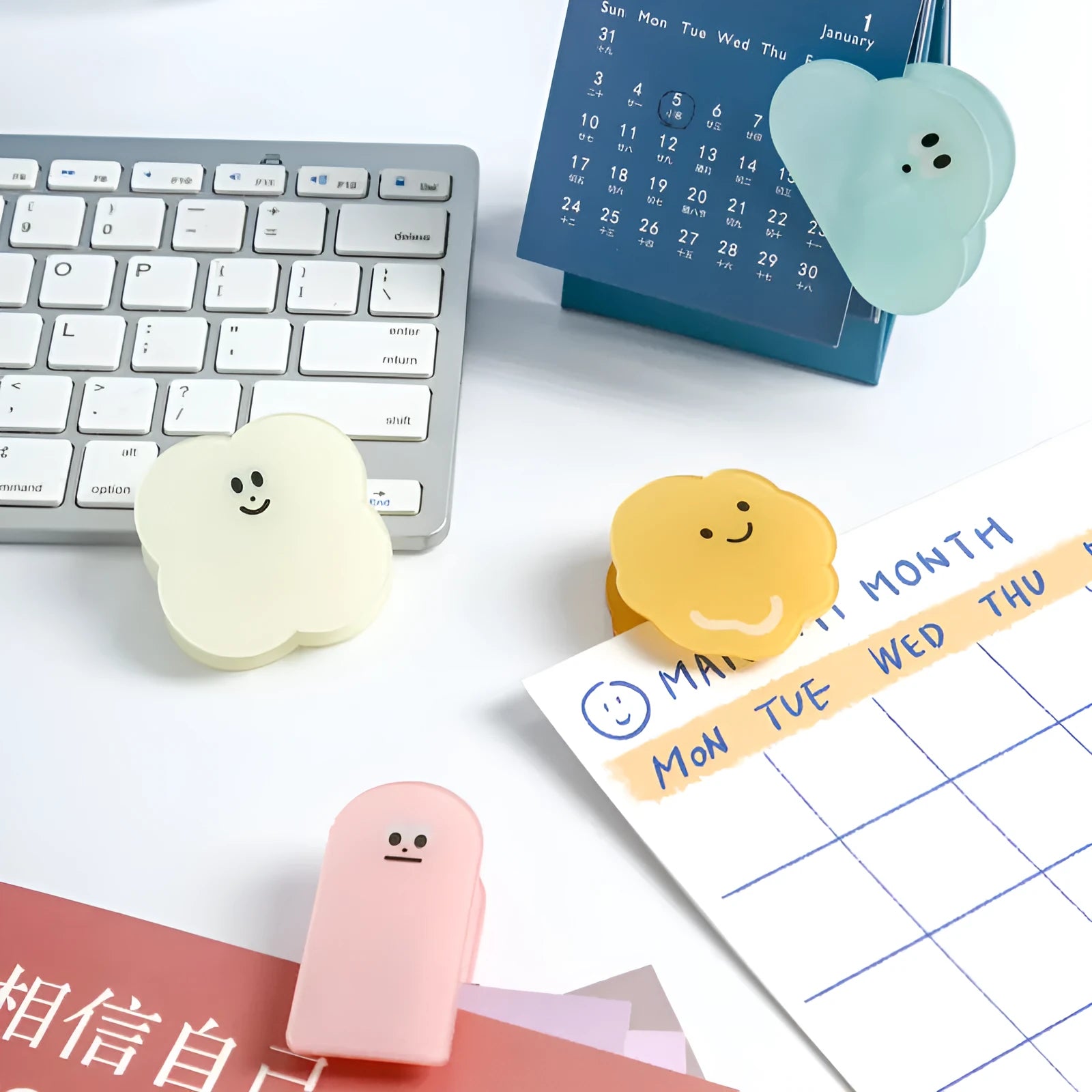 Acrylic cartoon collage hair slide clip in four colours: beige, blue, orange, pink, isolated on white background