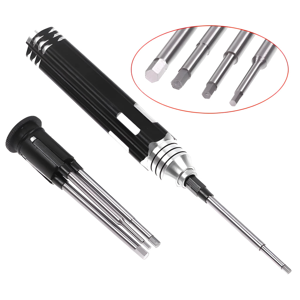 Four-in-one hexagon socket screwdriver set with black aluminium handle and four steel blades for aeromodelling