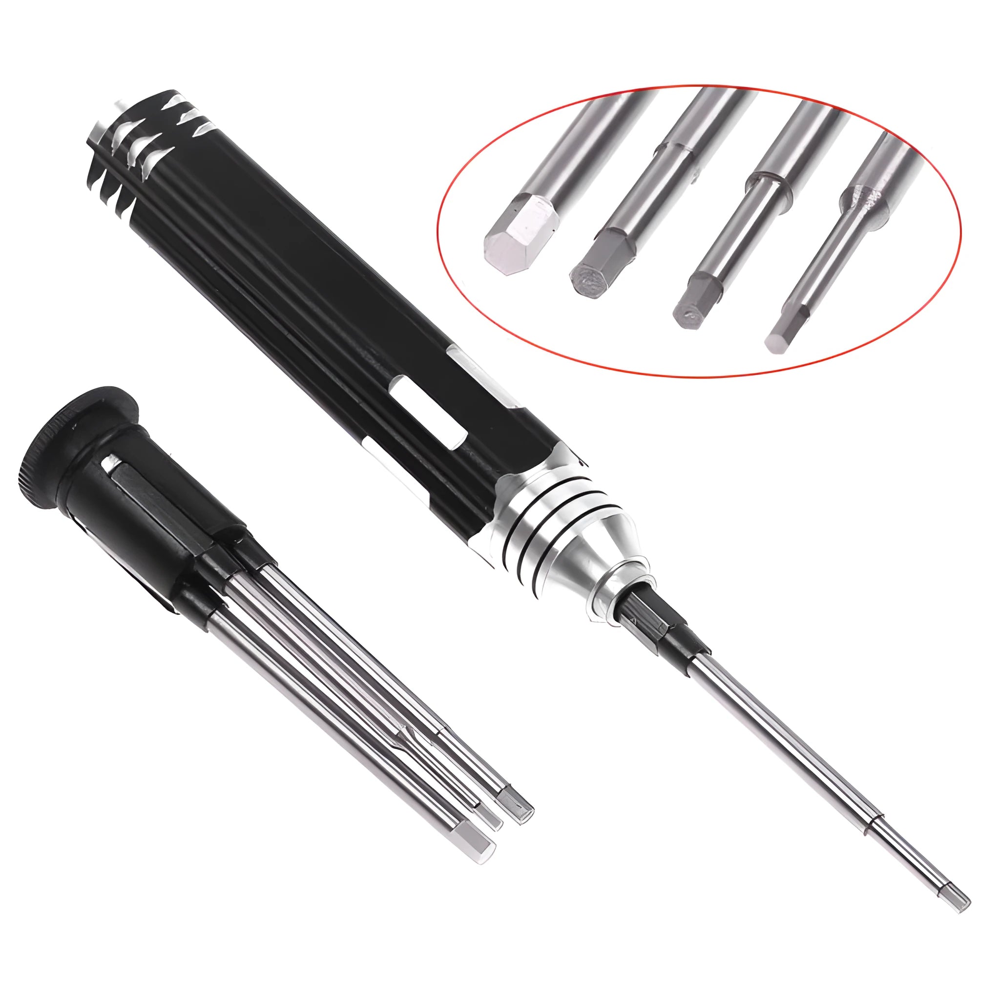 Four-in-one hexagon socket screwdriver set with black aluminium handle and four steel blades for aeromodelling