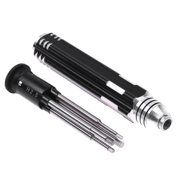 Four-in-one hexagon socket screwdriver set with black aluminium handle and four steel blades for aeromodelling