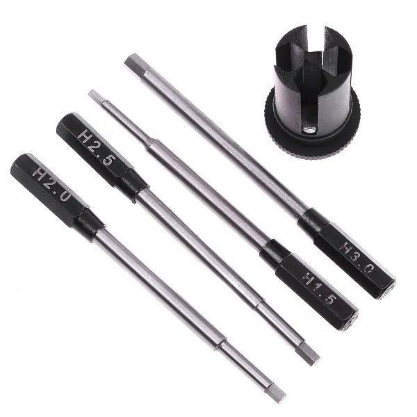 Four-in-one hexagon socket screwdriver set with black aluminium handle and four steel blades for aeromodelling