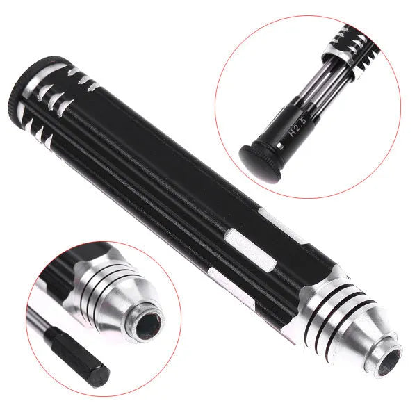 Four-in-one hexagon socket screwdriver set with black aluminium handle and four steel blades for aeromodelling