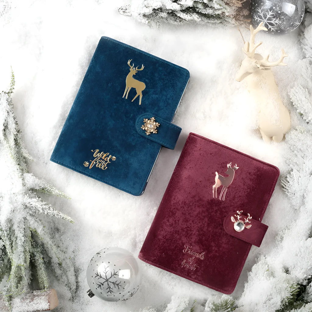 A6 loose-leaf notebook with cloth cover in velvet colours featuring binder binding and decorative accessories