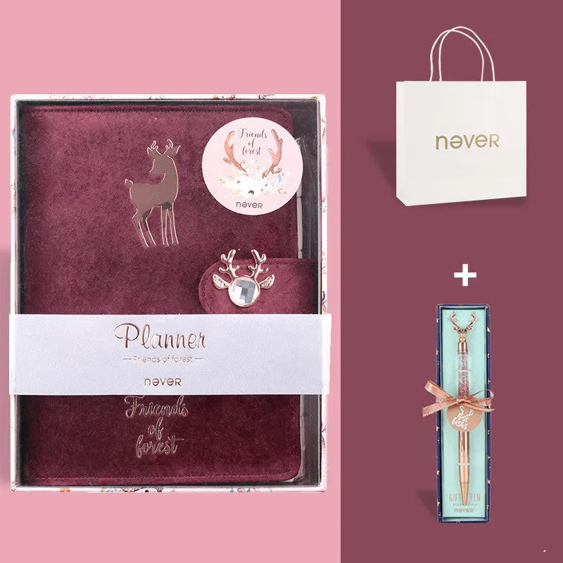 A6 loose-leaf notebook with cloth cover in velvet colours featuring binder binding and decorative accessories