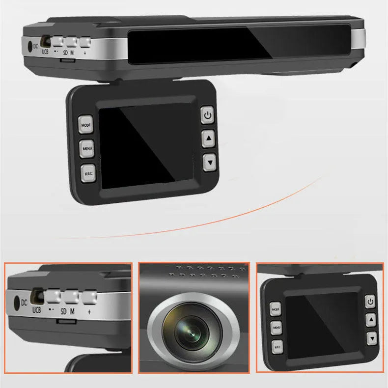 Black vehicle-mounted dash cam with 140-degree wide-angle lens and suction bracket on front windshield