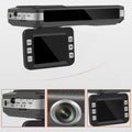 Black vehicle-mounted dash cam with 140-degree wide-angle lens and suction bracket on front windshield
