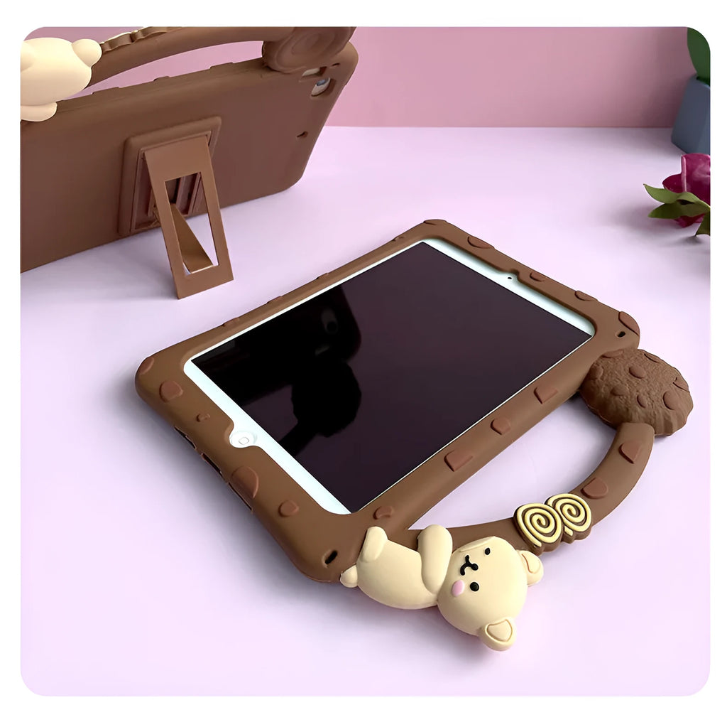 Brown cartoon-style silicone sleeve with a fold-out bracket stand for an iPad tablet.