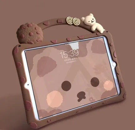 Brown cartoon-style silicone sleeve with a fold-out bracket stand for an iPad tablet.