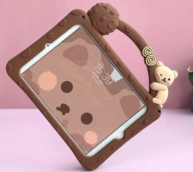 Brown cartoon-style silicone sleeve with a fold-out bracket stand for an iPad tablet.