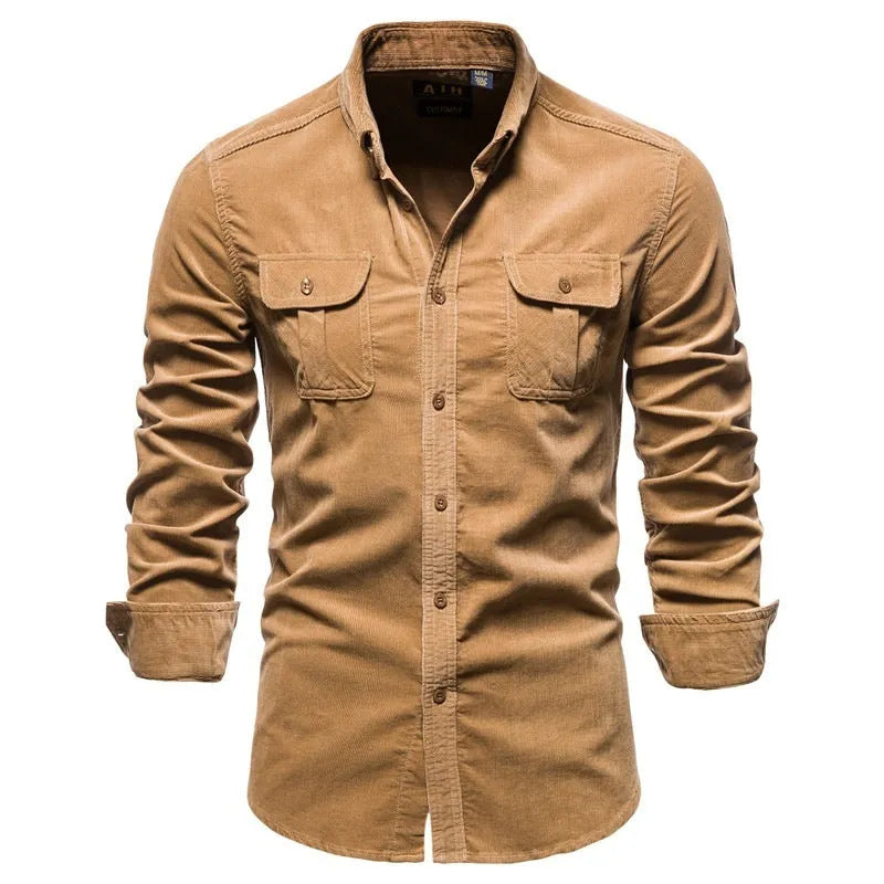 Men's denim blue linen long sleeve shirt showing texture detail and button front