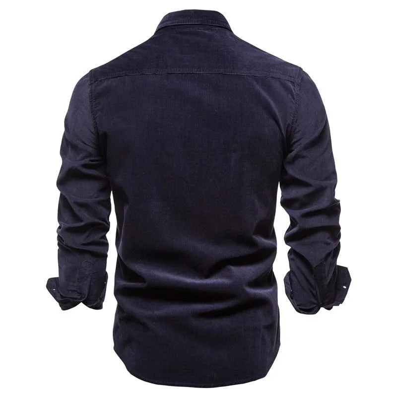 Men's denim blue linen long sleeve shirt showing texture detail and button front