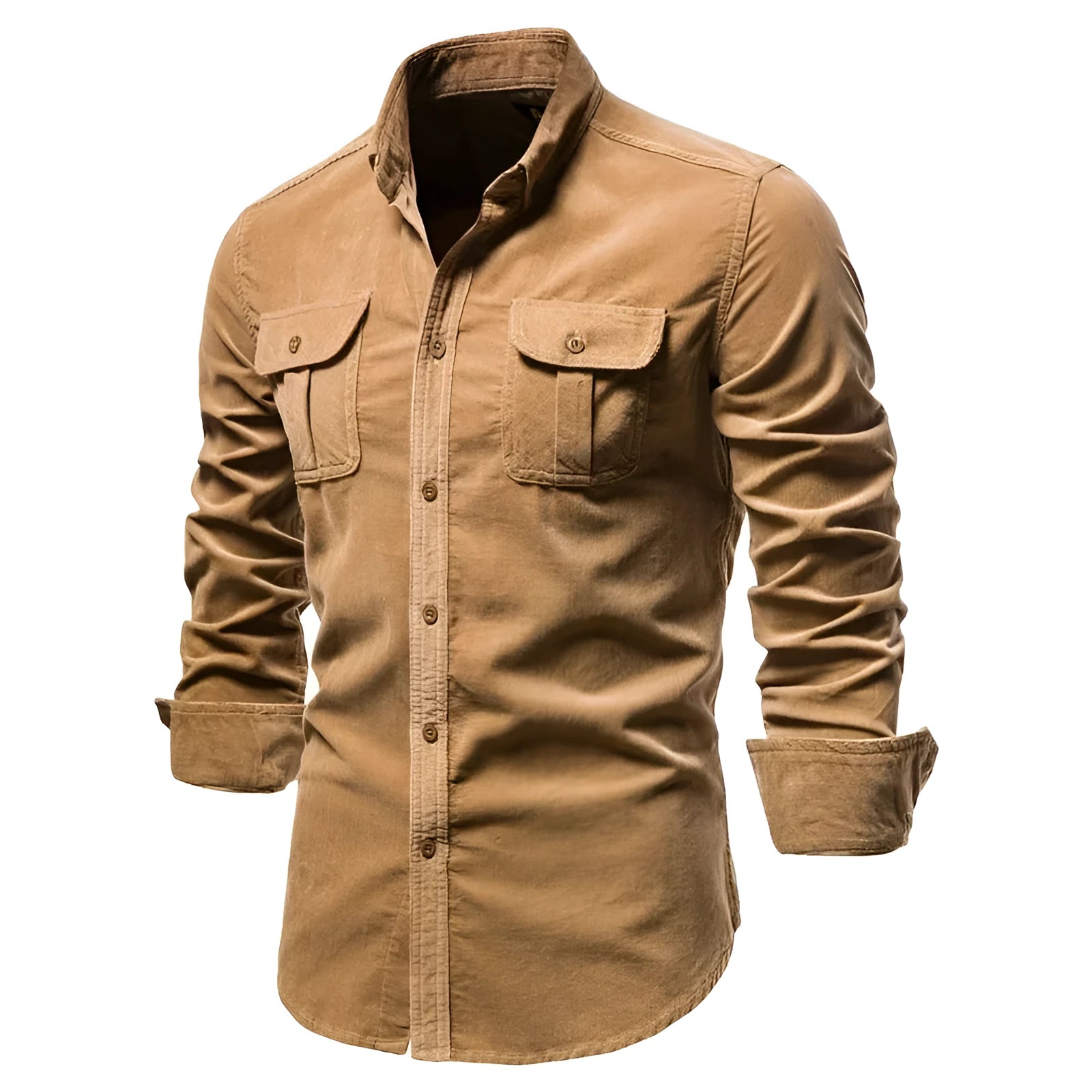 Men's denim blue linen long sleeve shirt showing texture detail and button front